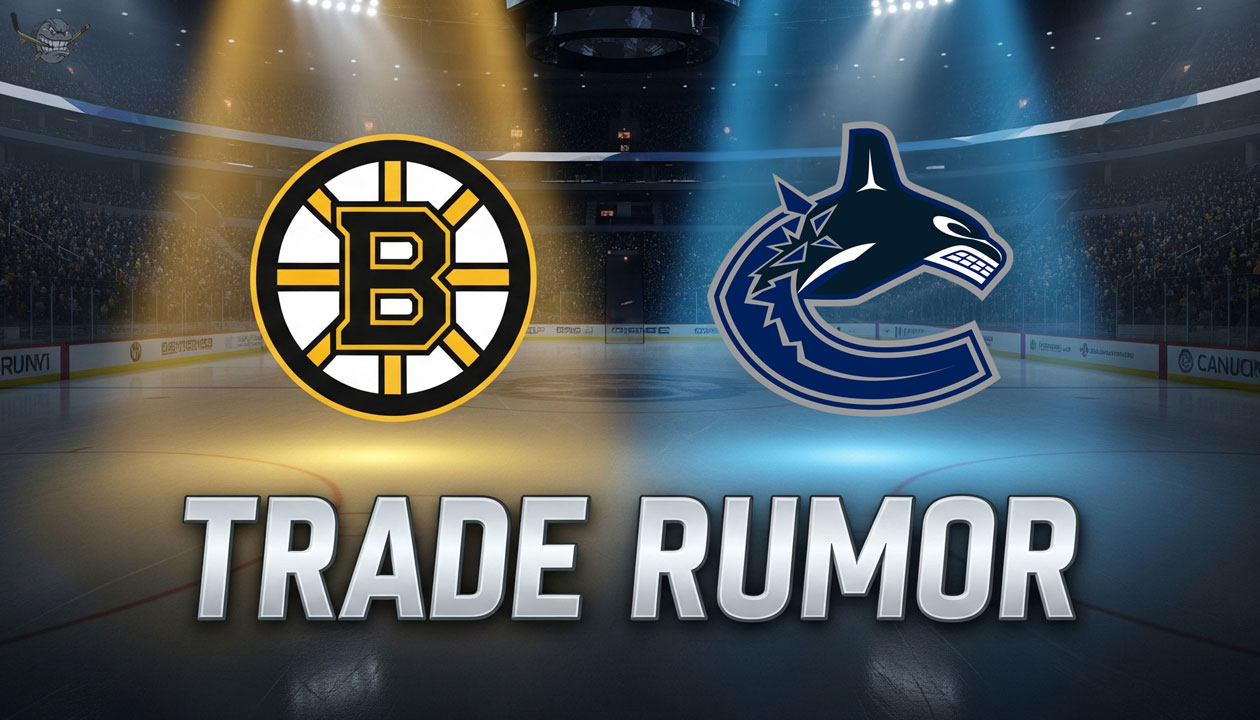 Image of the Boston Bruins and Vancouver Canucks logos with the words 'Trade Rumor' in a big font underneath them, set against a dramatic hockey arena background.