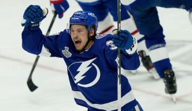 FILE - Yanni Gourde reacts after his goal during the second period in Game 1 of the NHL hockey Stanley Cup finals against the Montreal Canadiens in Tampa, Fla., on Monday, June 28, 2021. (AP Photo/Gerry Broome)
