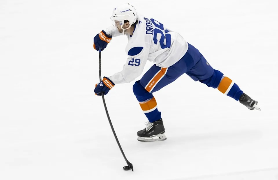 New Islander Jonathan Drouin takes a shot during the team’s practice on Sept. 18, 2025. Corey Sipkin for New York Sports