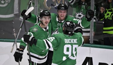 Jan 4, 2025; Dallas, Texas, USA; Dallas Stars center Matt Duchene (95) and center Wyatt Johnston (53) and defenseman Thomas Harley (55) celebrate on the ice after the Stars defeat the Utah Hockey Club in the overtime period at the American Airlines Center. Mandatory Credit: Jerome Miron-Imagn Images