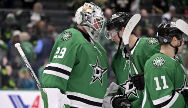 Mar 2, 2025; Dallas, Texas, USA; Dallas Stars goaltender Jake Oettinger (29) and center Wyatt Johnston (53) celebrate the win over the St. Louis Blues at the American Airlines Center. Mandatory Credit: Jerome Miron-Imagn Images