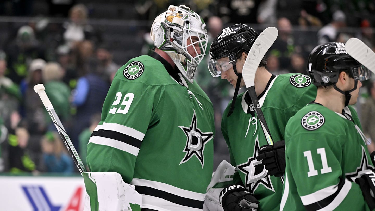 Mar 2, 2025; Dallas, Texas, USA; Dallas Stars goaltender Jake Oettinger (29) and center Wyatt Johnston (53) celebrate the win over the St. Louis Blues at the American Airlines Center. Mandatory Credit: Jerome Miron-Imagn Images