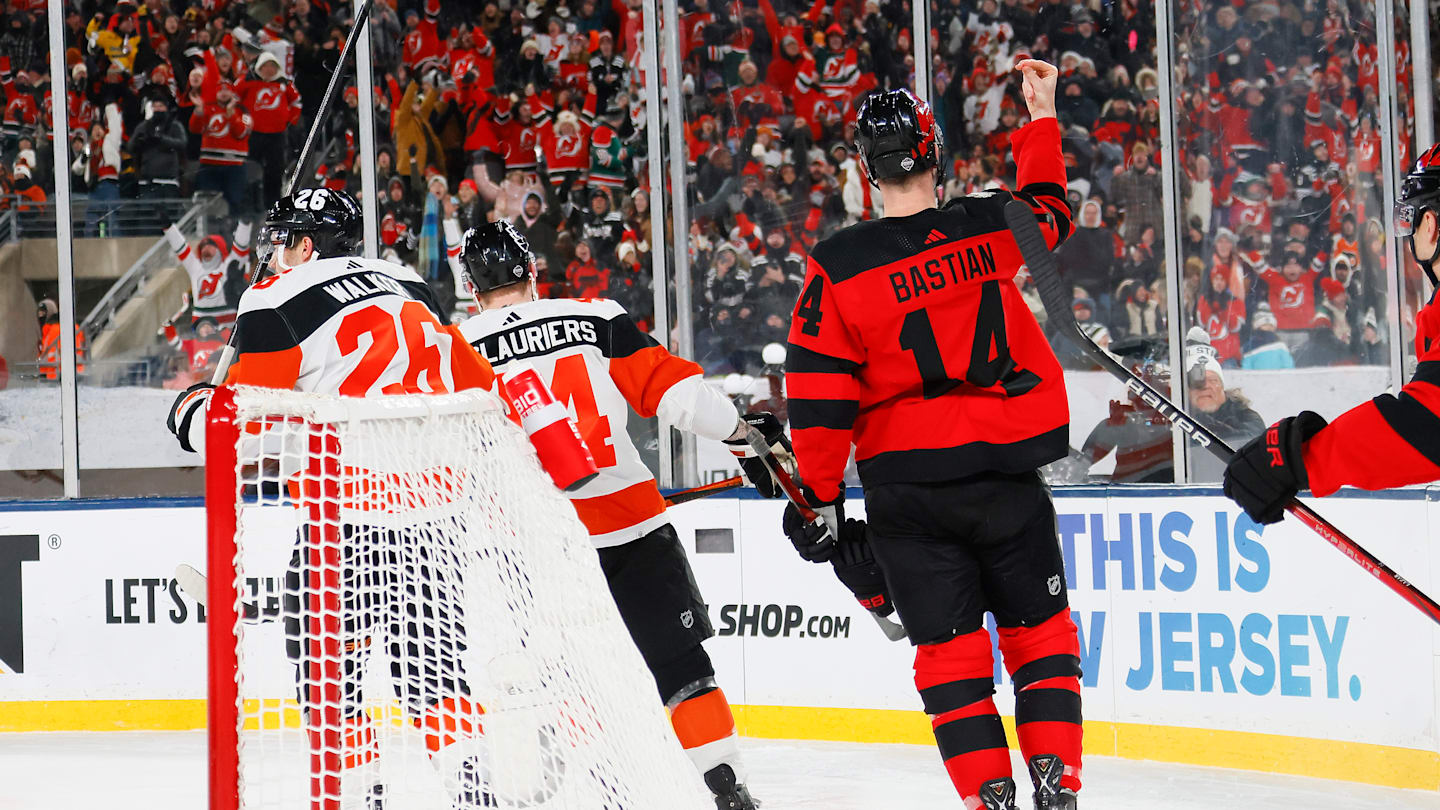 Nathan Bastian (Former Devils forward #14) doing the "Tommy DeVito" celebration during the 2024 Navy Federal Credit Union Stadium Series at MetLife Stadium