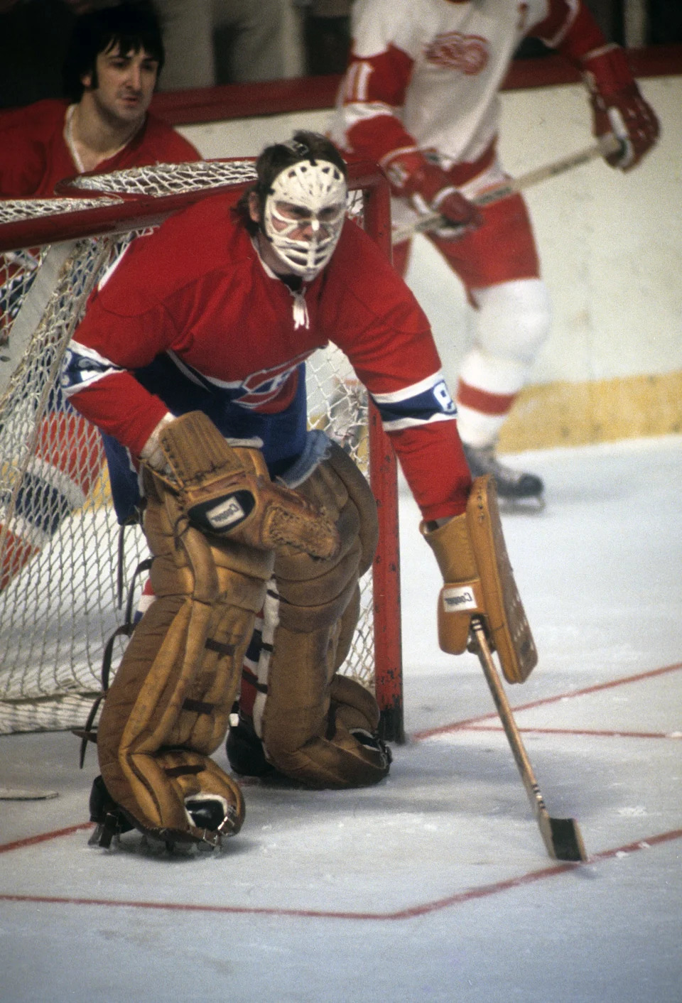 Montreal Canadiens goalie Ken Dryden in the net against the Detroit Red Wings at Joe Louis Arena.