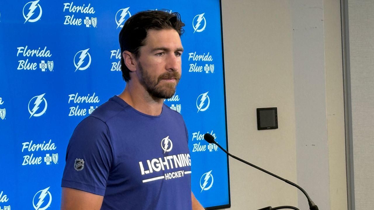 Lightning defenseman Ryan McDonagh speaks to reporters Wednesday during the team's media day. (Spectrum Sports 360/Katherine Smith)