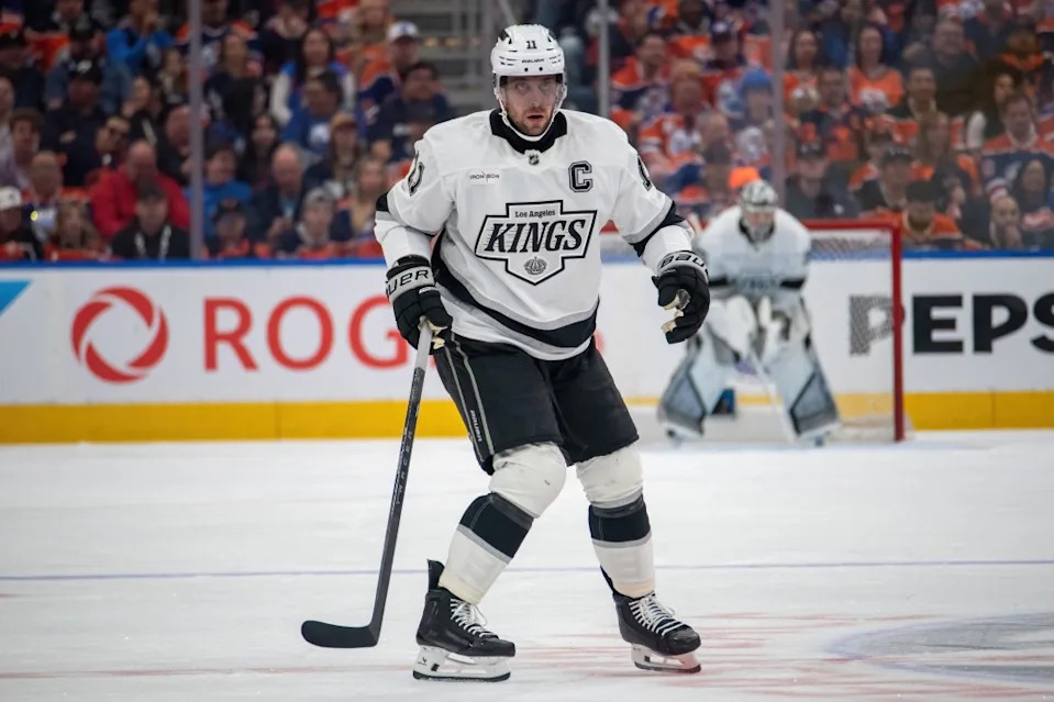 Anze Kopitar in action during the Kings’ 6-4 road loss to the Oilers in the first round of the 2025 Stanley Cup Playoffs on May 1, 2025. Getty Images