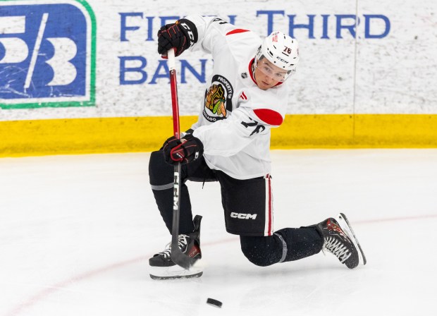 Blackhawks left wing Nick Lardis shoots the puck during practice Wednesday, Sept. 10, 2025, at Fifth Third Arena. (Dominic Di Palermo/ Chicago Tribune)