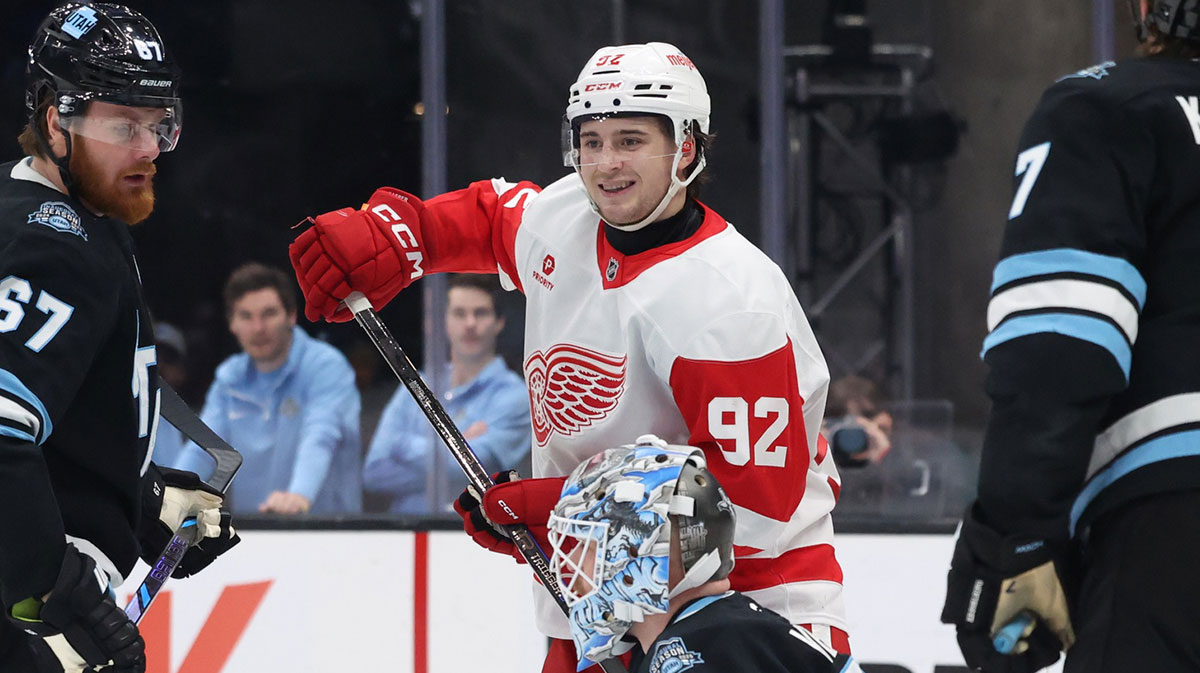 Detroit Red Wings center Marco Kasper (92) celebrates a goal against the Utah Hockey Club during the second period at Delta Center.