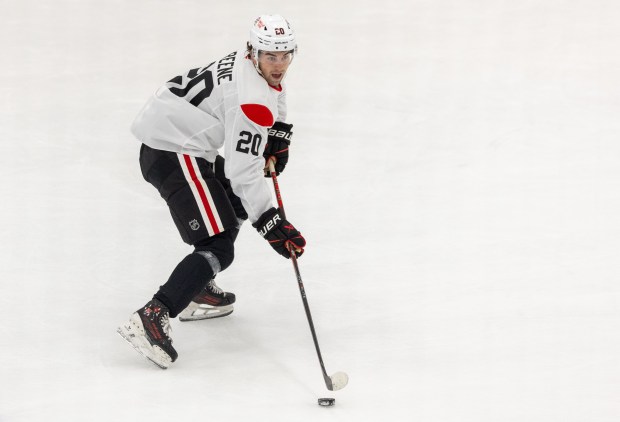 Blackhawks center Ryan Greene brings the puck toward the goal before shooting during practice at the Fifth Third Arena on Sept. 10, 2025. (Dominic Di Palermo/ Chicago Tribune)