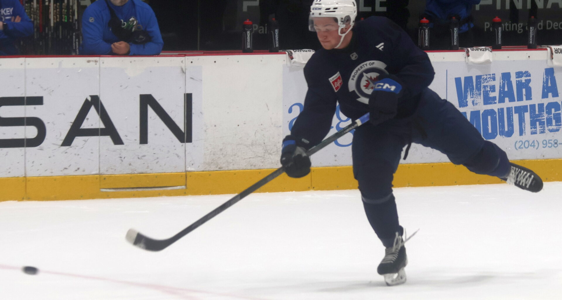 Owen Martin shoots during the Winnipeg Jets development camp in early July. The Jets selected the Oakbank product in the third round of the 2025 NHL draft. (Cassidy Dankochik The Carillon)