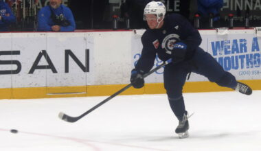 Owen Martin shoots during the Winnipeg Jets development camp in early July. The Jets selected the Oakbank product in the third round of the 2025 NHL draft. (Cassidy Dankochik The Carillon)