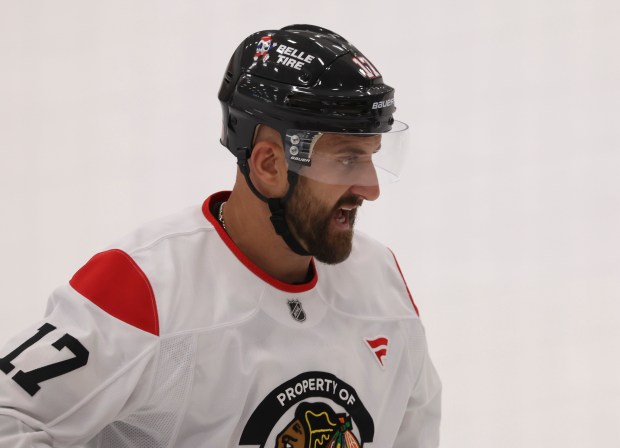 Left wing Nick Foligno practices Thursday, Sept. 18, 2025, as the Blackhawks begin training camp at Fifth Third Arena. (Brian Cassella/Chicago Tribune)