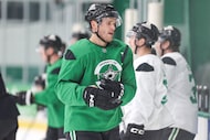 Dallas Stars right wing Mikko Rantanen walks to the bench during a training camp, on...