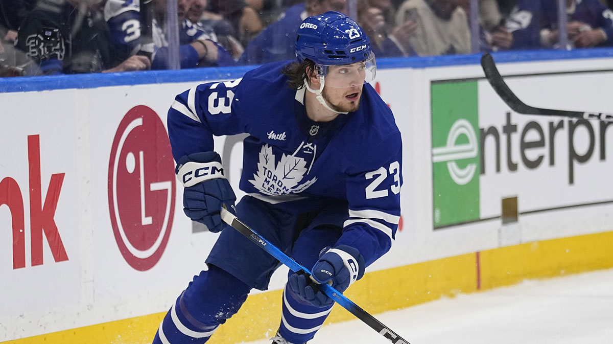 Toronto Maple Leafs forward Matthew Knies (23) carries the puck against the Florida Panthers during the first period of game five of the second round of the 2025 Stanley Cup Playoffs at Scotiabank Arena.