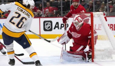 Cam Talbot has 41 saves in 32nd career shutout as Red Wings beat Predators 3-0.