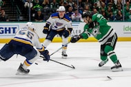 Dallas Stars center Wyatt Johnston (53) scores his third goal of the game past St. Louis...