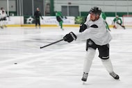 Dallas Stars center Radek Faksa takes a shot during a drill in a training camp, on Thursday,...