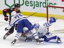 Maple Leafs defenceman William Villeneuve and goalie Artur Akhtyamov combine to stop Senators Brady Tkachuk on their doorstep in pre-season action at the Canadian Tire Centre on Sunday, Sept. 21, 2025.

