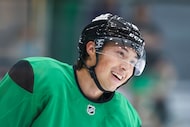 Dallas Stars left wing Jason Robertson (21) during a drill in a training camp, on Thursday,...