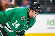 Dallas Stars left wing Jamie Benn (14) stands on the ice before a face-off during the first...