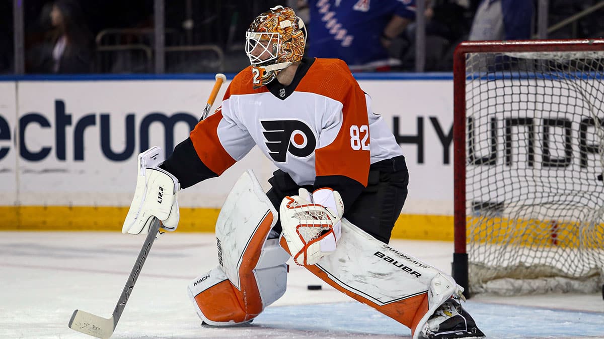 Philadelphia Flyers goalie Ivan Fedotov (82) warms up before the first period against the New York Rangers at Madison Square Garden.