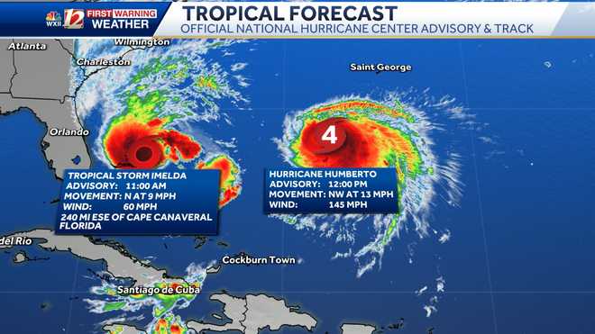 tropical advisory: imelda and hurricane humberto in the atlantic ocean