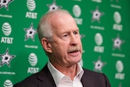 Dallas Stars general manager Jim Nill responds to questions during a news conference at the...