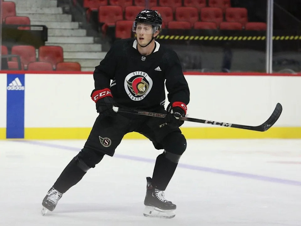 A file photo of defenceman Tyler Kleven, who was on the ice for Saturday’s practice in Quebec City.
