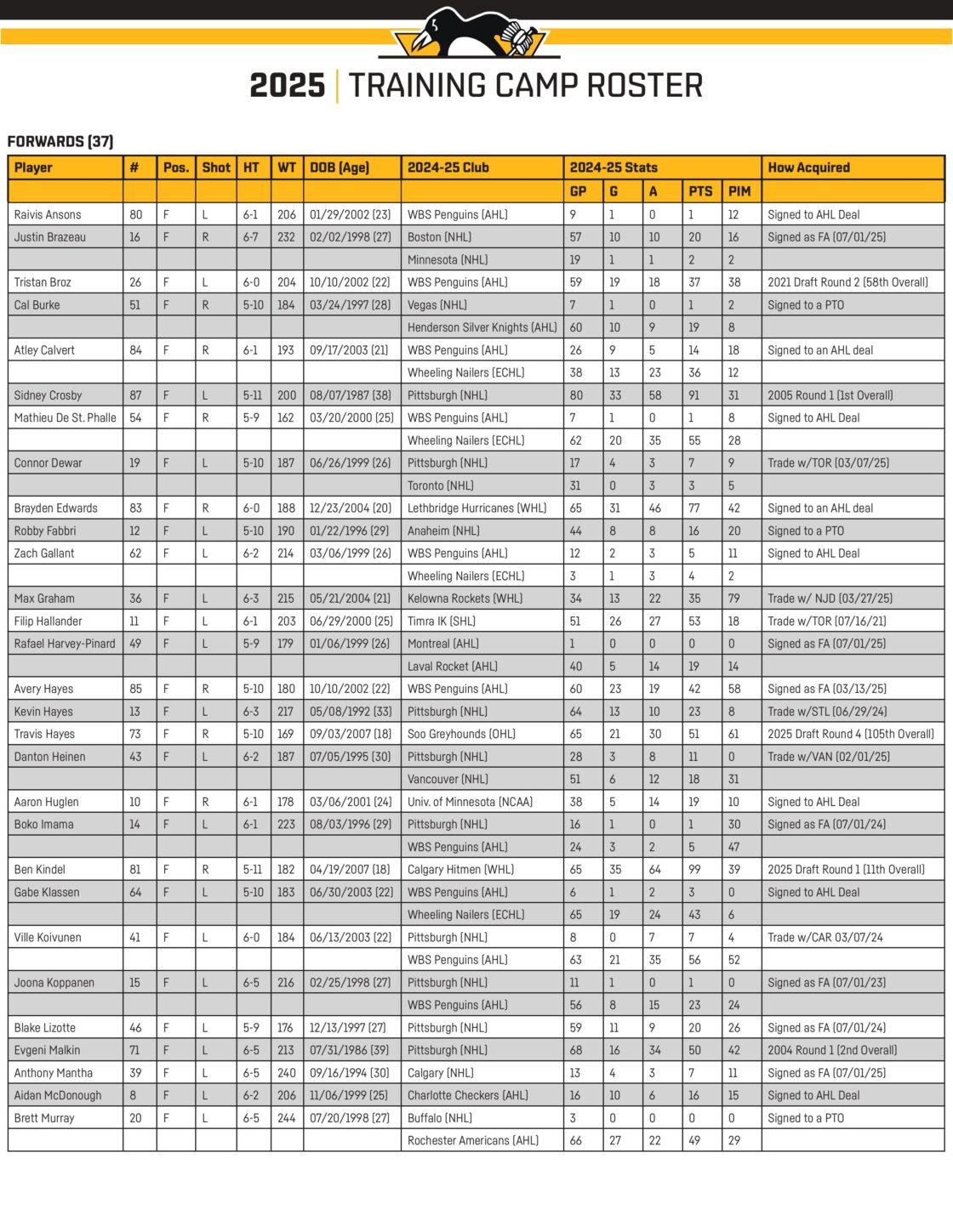 2025 Pittsburgh Penguins training camp roster
