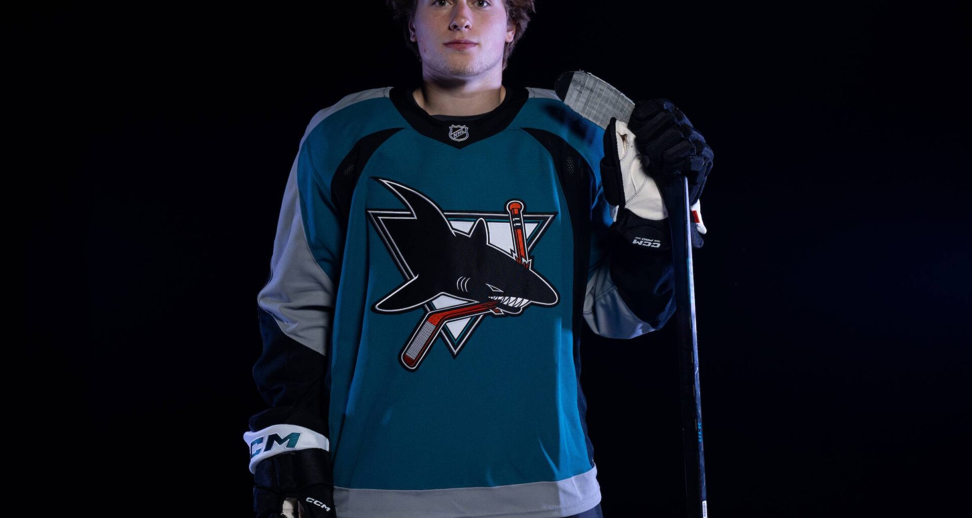 San Jose Sharks forward Macklin Celebrini in the Heritage 2.0 jersey