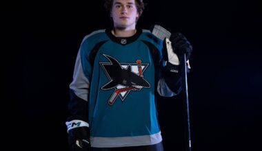 San Jose Sharks forward Macklin Celebrini in the Heritage 2.0 jersey