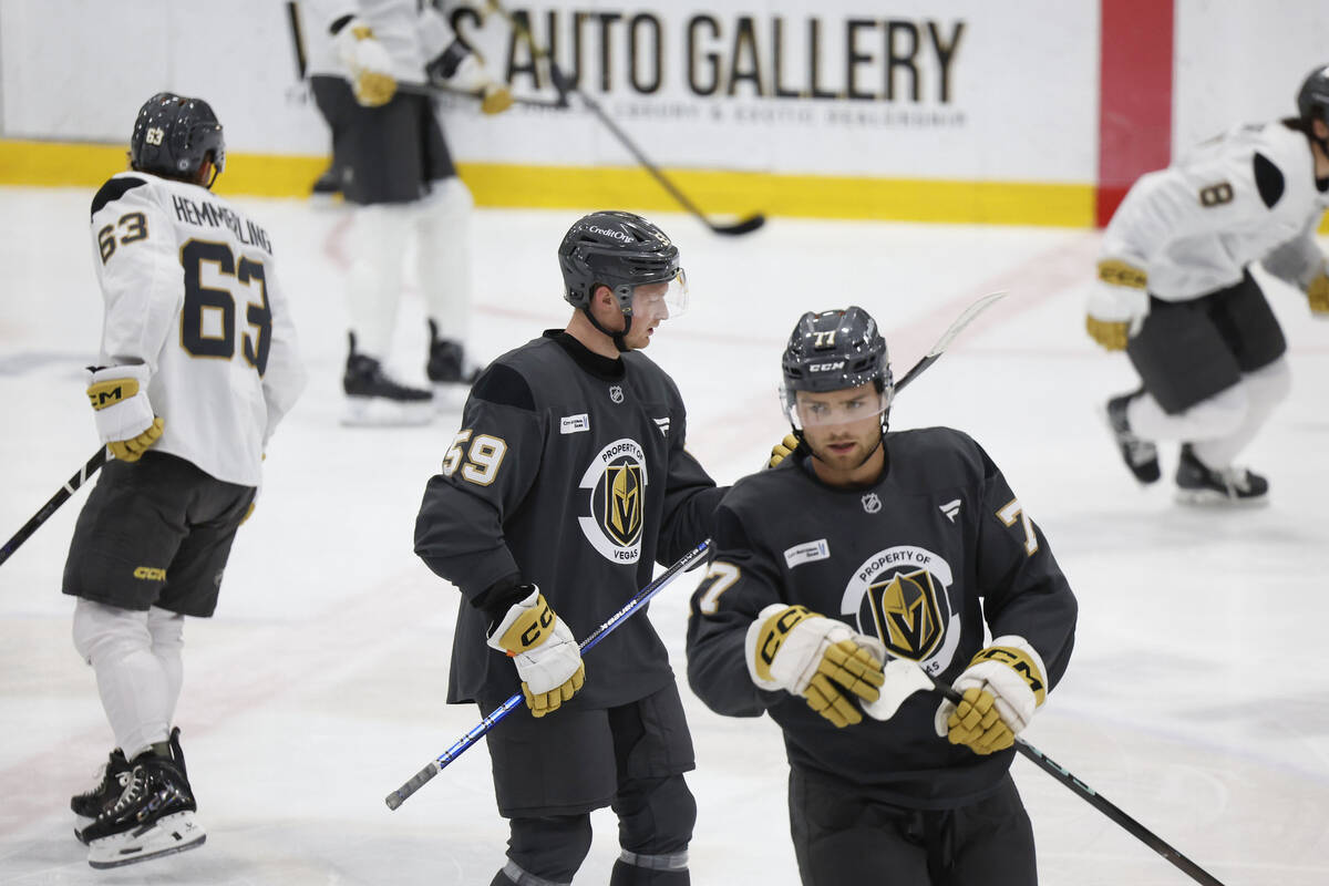 Golden Knights forward Jackson Hallum (59) check on his stick during drills at rookie camp at C ...
