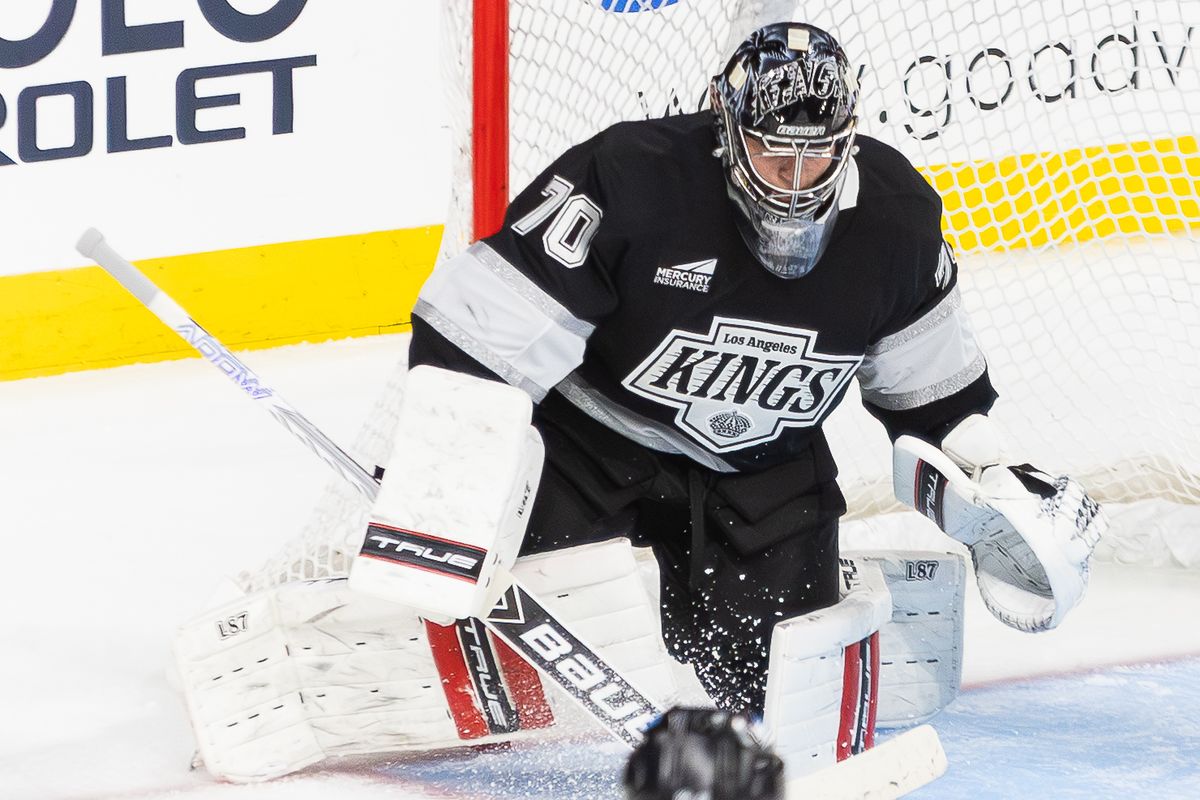 Los Angeles Kings goaltender Carter George (70) blocks during an NHL hockey game against the Anaheim Ducks, Sunday September 21, 2025 in Ontario, Calif.
