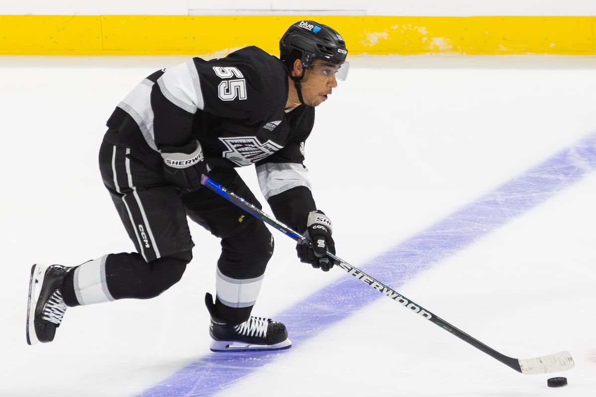 Los Angeles Kings defense Quinton Byfield (55) advances up the rink during an NHL hockey game against the Anaheim Ducks, Sunday September 21, 2025 in Ontario, Calif.