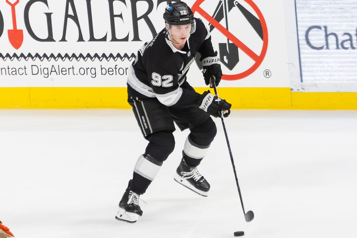 Los Angeles Kings Goaltender Brandt Clarke (92) looks to pass the puck during an NHL hockey game against the Anaheim Ducks, Sunday September 21, 2025 in Ontario, Calif.