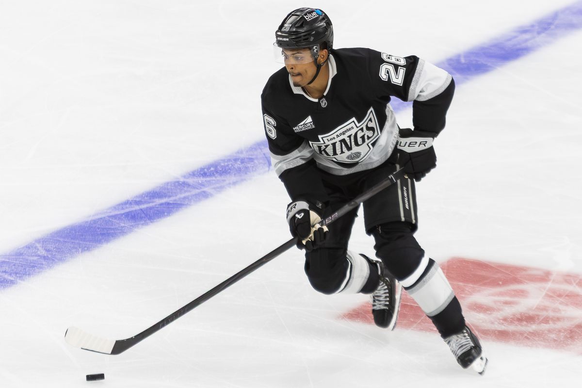 Los Angeles Kings Goaltender Akil Thomas (26) advances up the rink during an NHL hockey game against the Anaheim Ducks, Sunday September 21, 2025 in Ontario, Calif.