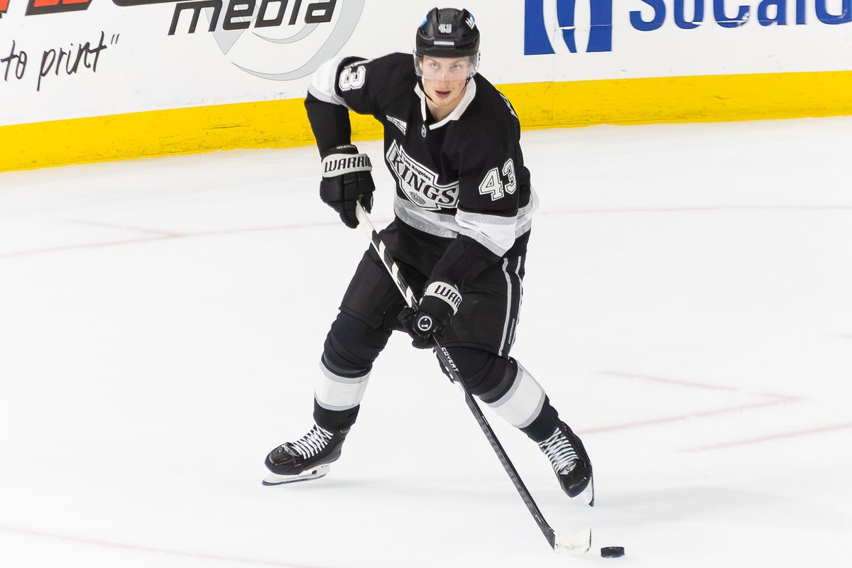 Los Angeles Kings defense Jacob Moverare (43) looks to pass the puck during an NHL hockey game against the Anaheim Ducks, Sunday September 21, 2025 in Ontario, Calif.