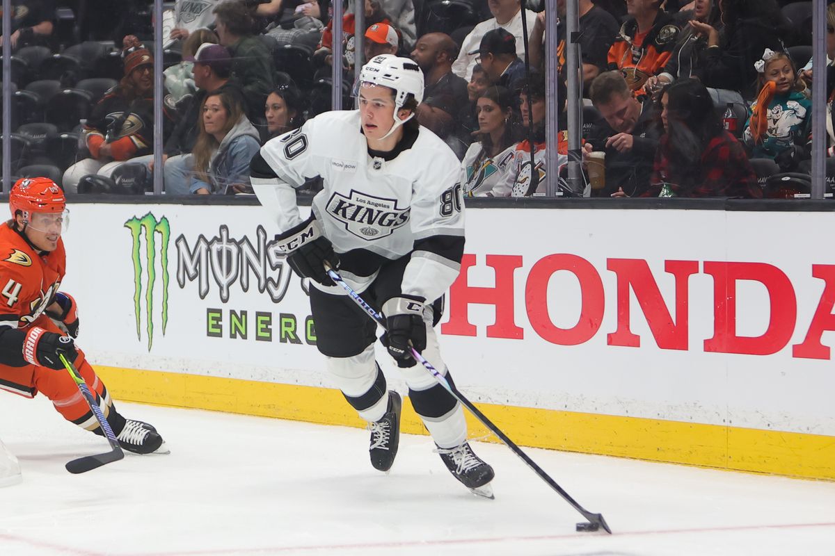 Los Angeles Kings D #80 Jared Woodley skates with puck during an NHL game against the Anaheim Ducks, September 24, 2025 in Anaheim, CA. Los Angeles Kings D #80 Jared Woodley skates with puck during an NHL game against the Anaheim Ducks, September 24, 2025 in Anaheim, CA.