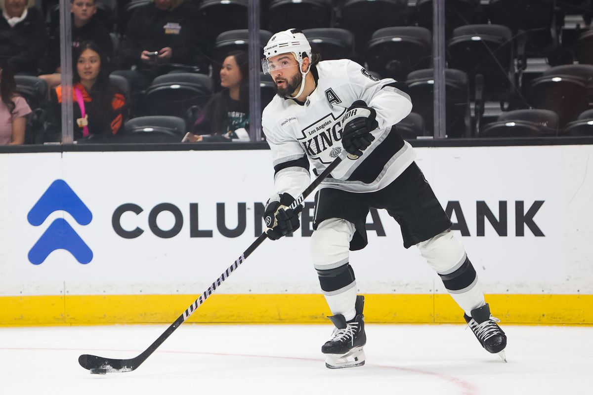 Los Angeles Kings D #8 Drew Doughty passes the puck to a teammate during an NHL game against the Anaheim Ducks, September 24, 2025 in Anaheim, CA. Los Angeles Kings D #8 Drew Doughty passes the puck to a teammate during an NHL game against the Anaheim Ducks, September 24, 2025 in Anaheim, CA.