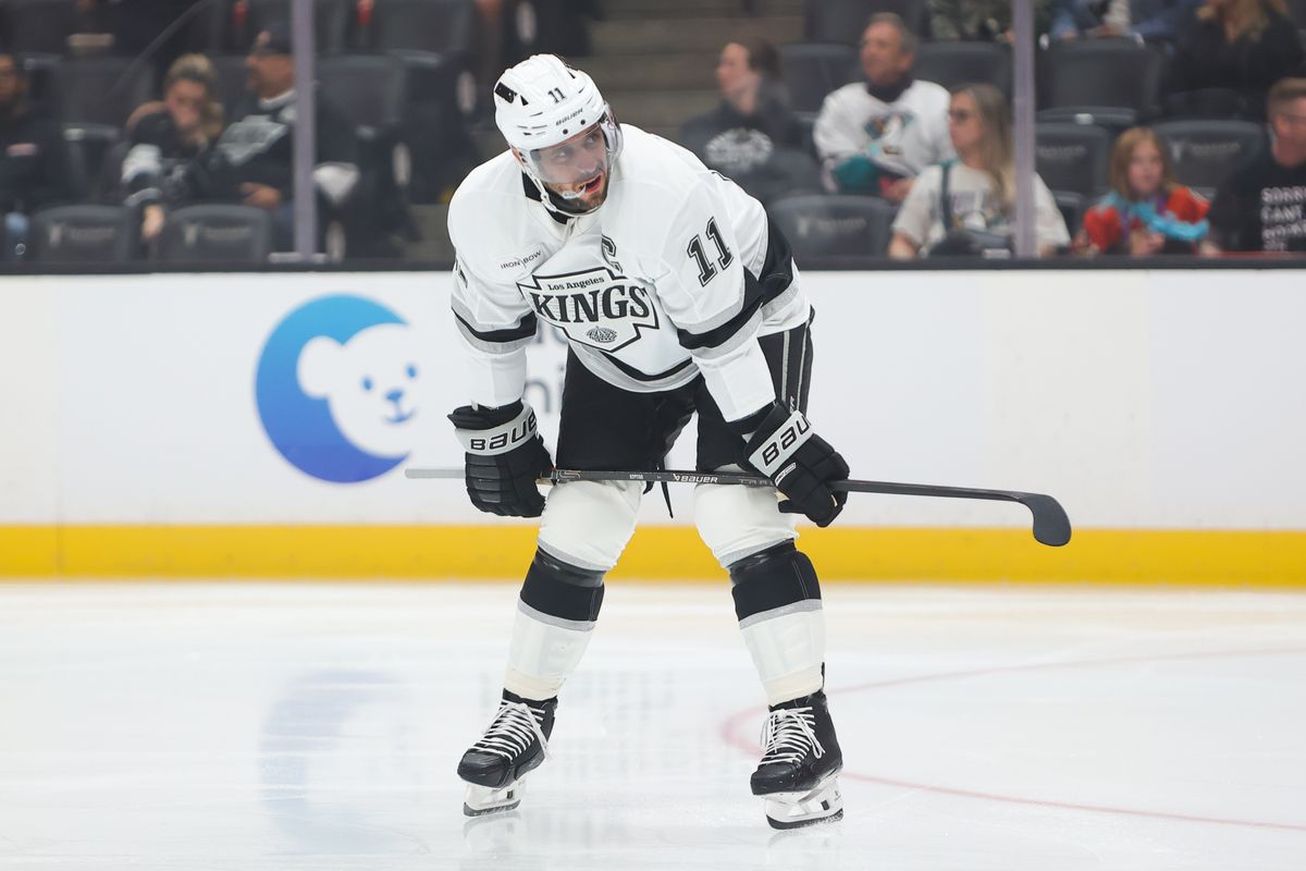 Los Angeles Kings C #11 Anze Kopitar prepares for a faceoff during an NHL game against the Anaheim Ducks, September 24, 2025 in Anaheim, CA.