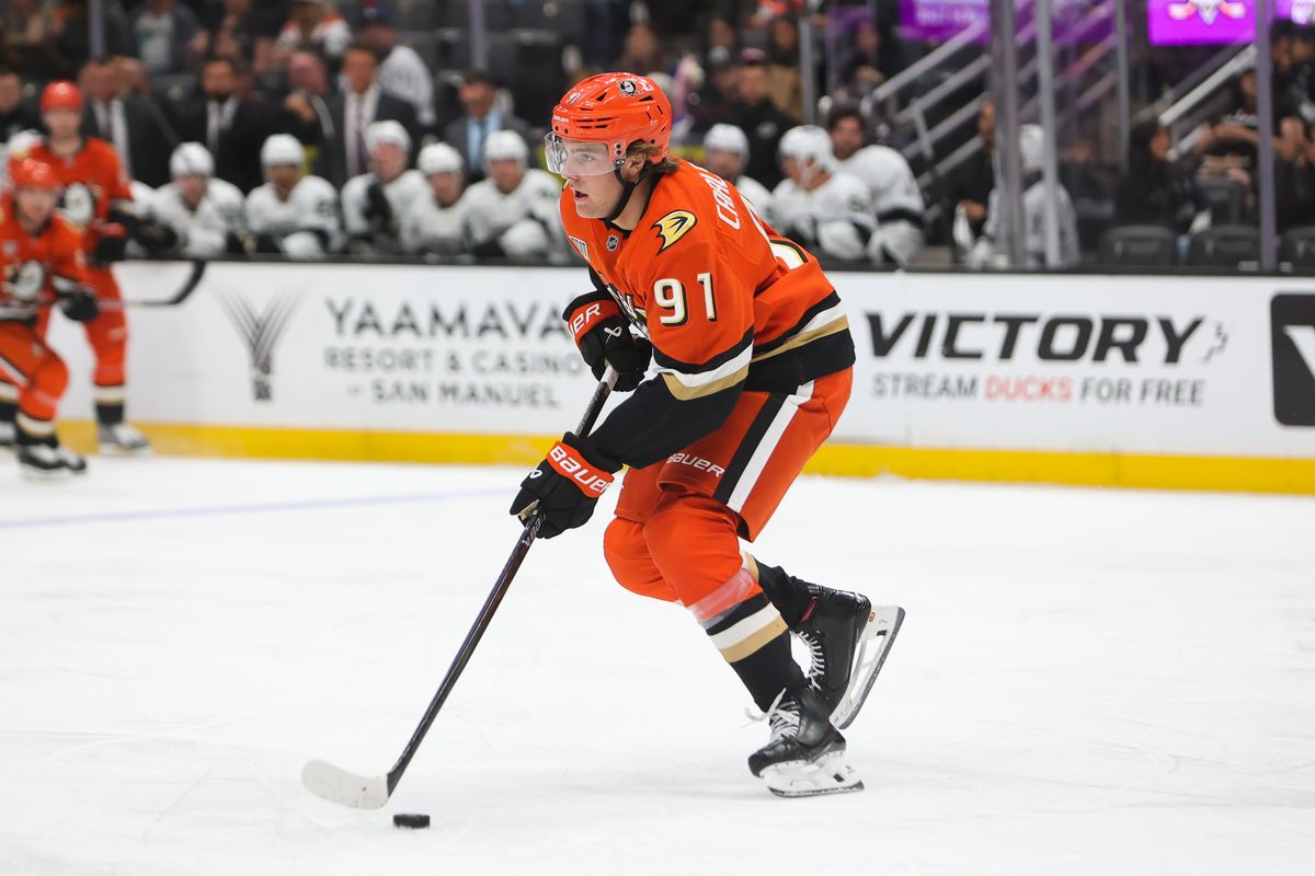 Anaheim Ducks C #91 Leo Carlsson moves the puck up ice during an NHL game against the Los Angeles Kings, September 24, 2025 in Anaheim, CA. Anaheim Ducks C #91 Leo Carlsson moves the puck up ice during an NHL game against the Los Angeles Kings, September 24, 2025 in Anaheim, CA.