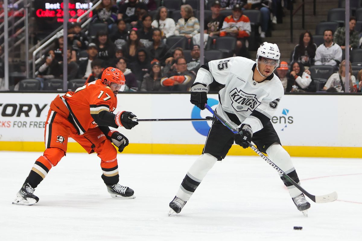 Los Angeles Kings RW #55 Quinton Byfield passes the puck to a teammate during an NHL game against the Anaheim Ducks, September 24, 2025 in Anaheim, CA. Los Angeles Kings RW #55 Quinton Byfield passes the puck to a teammate during an NHL game against the Anaheim Ducks, September 24, 2025 in Anaheim, CA.
