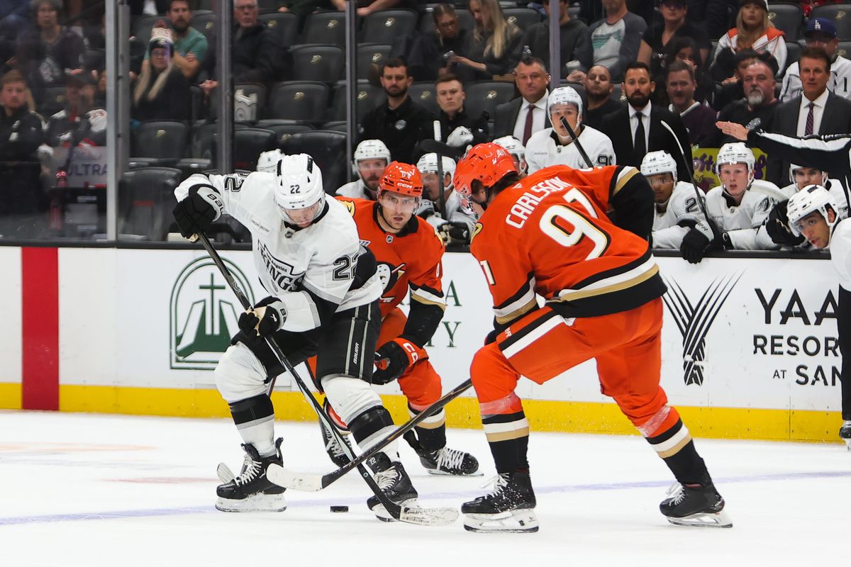 Los Angeles Kings LW #22 Kevin Fiala and Anaheim Ducks C #91 Leo Carlsson battle for possession of the puck during an NHL game, September 24, 2025 in Anaheim, CA. Los Angeles Kings LW #22 Kevin Fiala and Anaheim Ducks C #91 Leo Carlsson battle for possession of the puck during an NHL game, September 24, 2025 in Anaheim, CA.