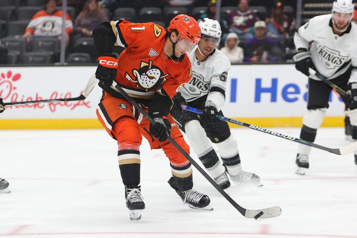 Anaheim Ducks LW #61 Cutter Gauthier moves the puck up ice during an NHL game against the Los Angeles Kings, September 24, 2025 in Anaheim, CA. Anaheim Ducks LW #61 Cutter Gauthier moves the puck up ice during an NHL game against the Los Angeles Kings, September 24, 2025 in Anaheim, CA.