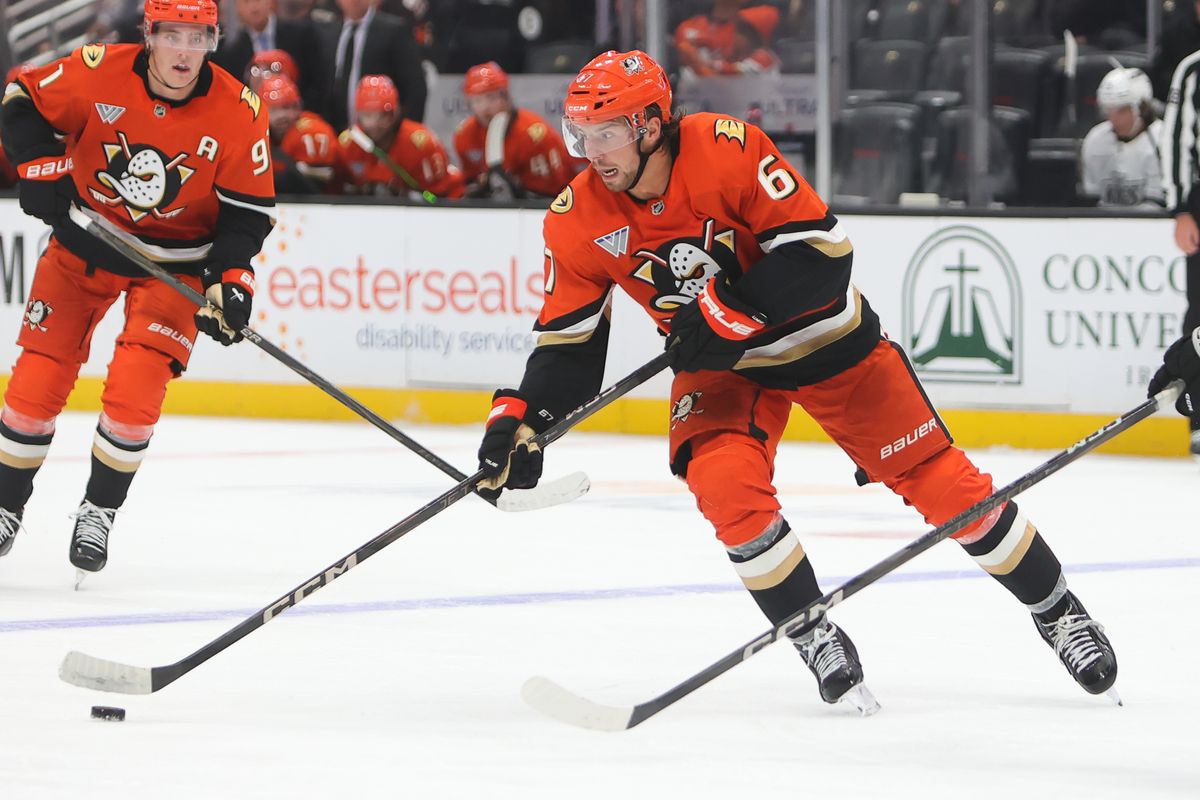 Anaheim Ducks D #67 Tristan Luneau skates with the puck during an NHL game against the Los Angeles Kings, September 24, 2025 in Anaheim, CA. Anaheim Ducks D #67 Tristan Luneau skates with the puck during an NHL game against the Los Angeles Kings, September 24, 2025 in Anaheim, CA.