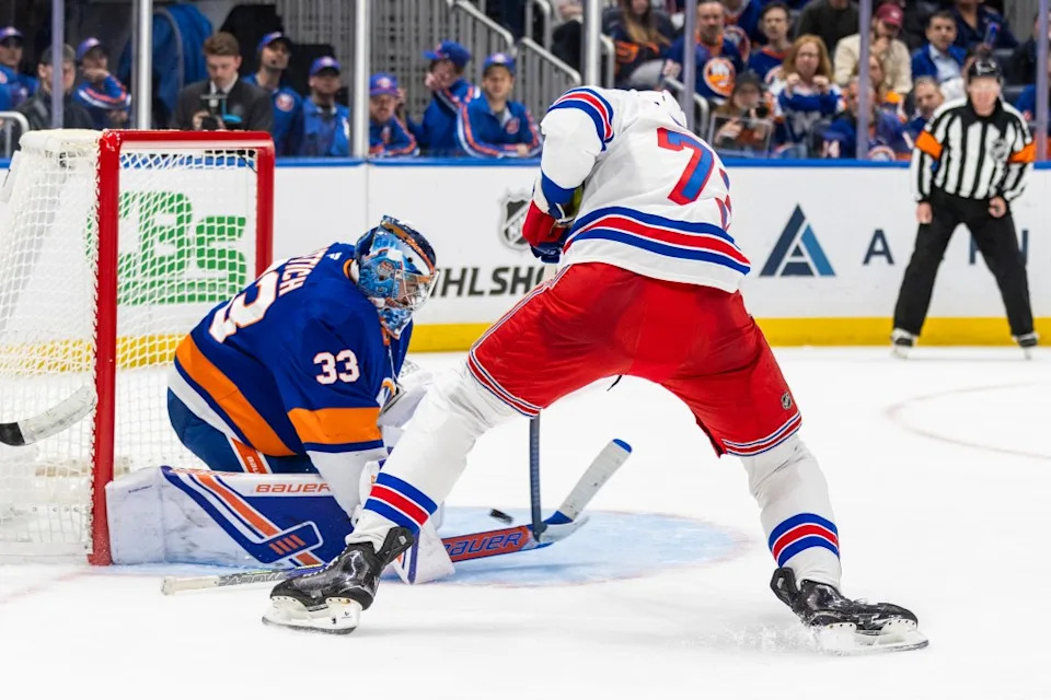 Rangers center Matt Rempe (73) shoots on New York Islanders goaltender David Rittich (33) during the second period at UBS Arena, Monday, Sept. 29, 2025, in Elmont, NY. Corey Sipkin for the NY POST