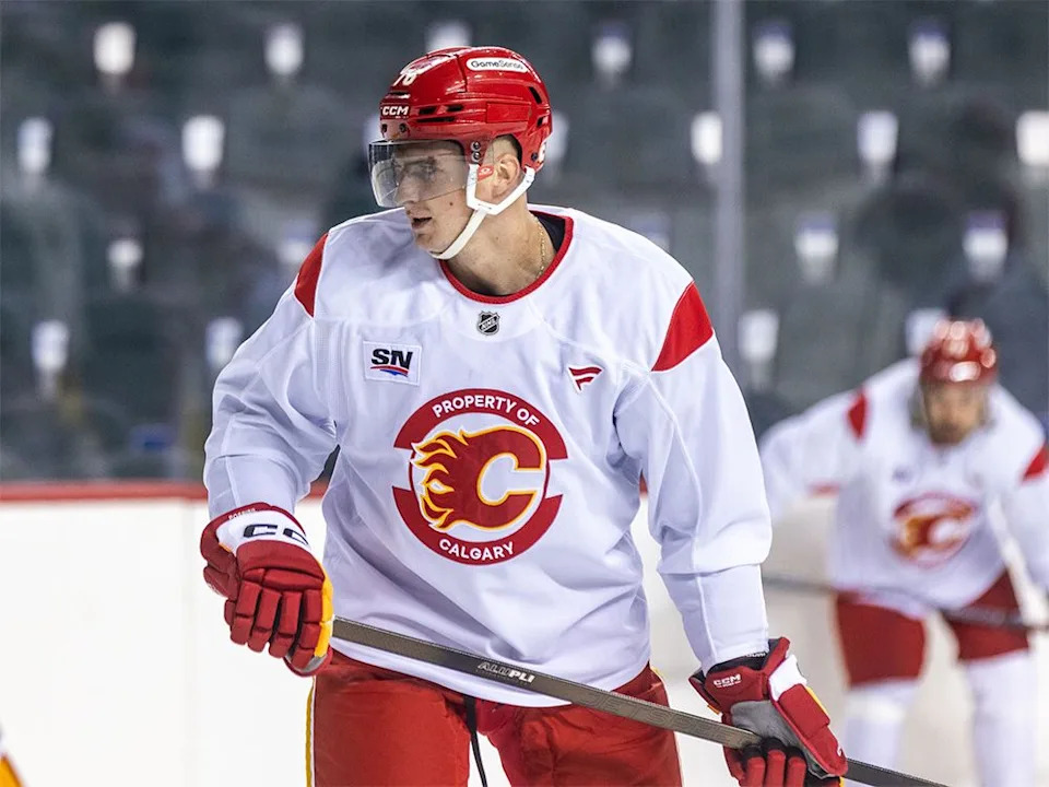  Centre Martin Pospisil was photographed during practice with the Calgary Flames at the Scotiabank Saddledome on Friday, Sept. 19, 2025.