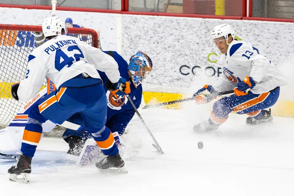 New York Islanders goalie David Rittich defends goal between Jesse Pulkkinen (42) and Mathew Barzal (13) during practice at the Northwell Health Ice Center on Thursday, Sept. 18, 2025, in East Meadow, NY. Corey Sipkin for the NY POST