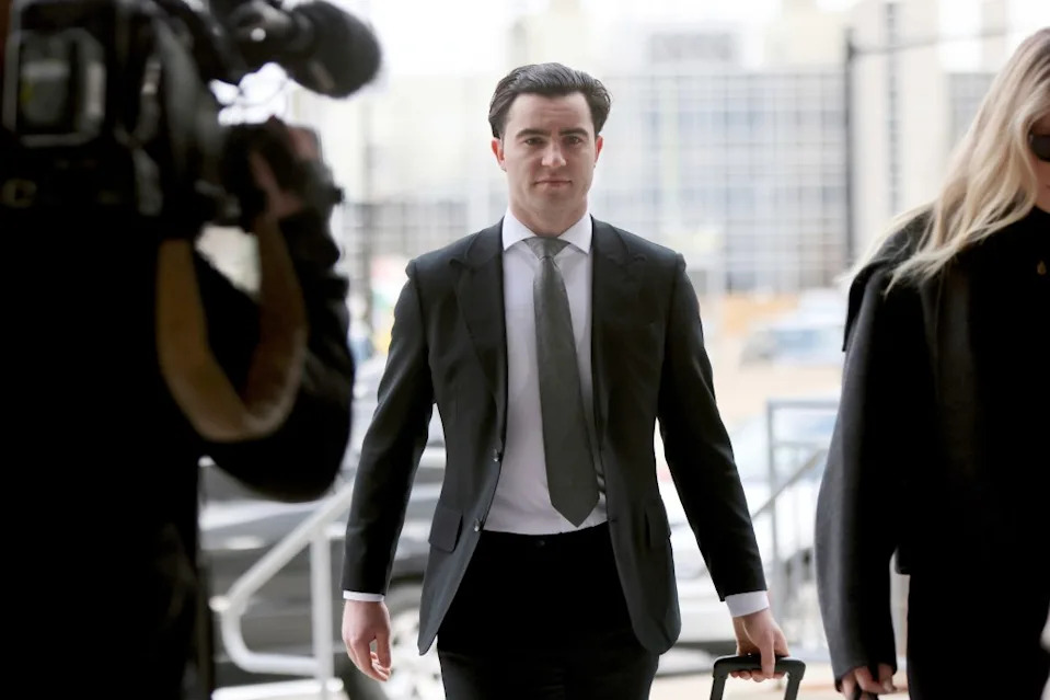 Dillon Dube arrives at the London Courthouse in London, Ontario, Wednesday, April 23, 2025. AP