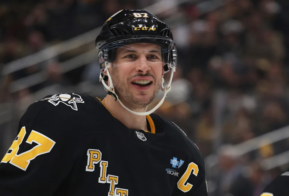 Pittsburgh Penguins center Sidney Crosby (87) smiles on the ice against the Vegas Golden Knights during the third period at PPG Paints Arena. Mandatory Credit: Charles LeClaire-Imagn ImagesCharles LeClaire-Imagn Images